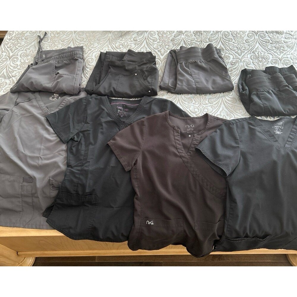 Scrubs. Black and Pewter tops and bottoms sizes XXS-S different brands 8 pieces